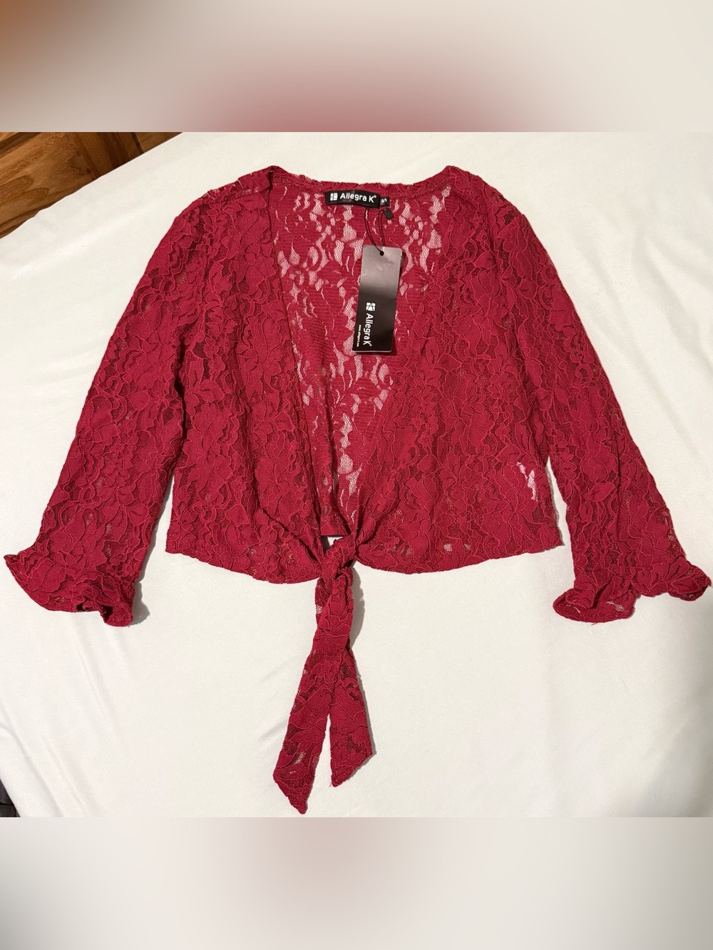NWT Allegra K Women's Crimson Lace Tie-Front Shrug Size Small